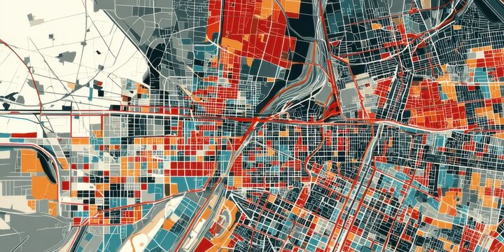 Colorful urban map displaying mixed land use patterns and development in a city area
