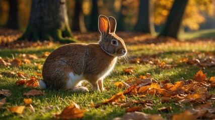 Fototapeta premium A serene rabbit sitting amidst colorful autumn leaves in a tranquil park setting