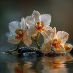 Fototapeta premium Delicate white orchids resting on smooth stones, reflecting in still water. Soft, warm light highlights the blossoms