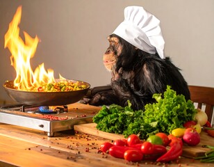 Chimpanzee chef cooking vegetables