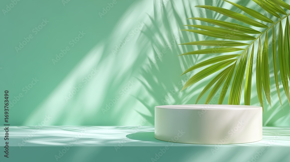 Poster light green background with palm leaves and a circular white object creating a serene and tropical a