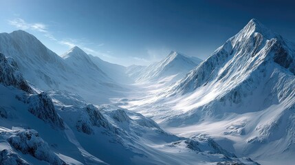 Snow-capped peaks in a mountain valley. Sunlight illuminates the scene