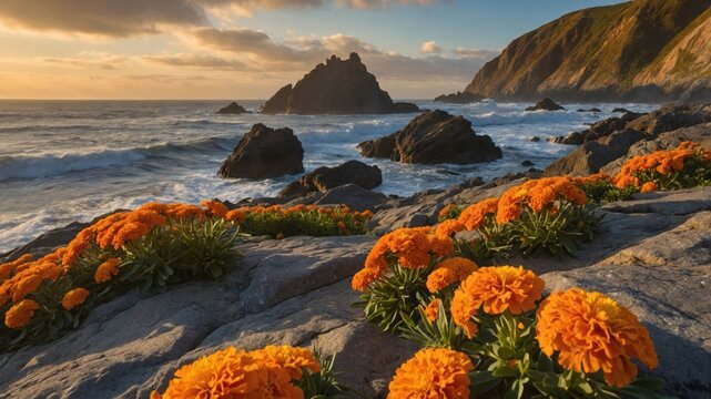 Vibrant orange flowers bloom on rocky coastline at sunset, waves crashing in the background - Powered by Adobe
