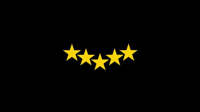 Animated of five star rating.Glowing 5 stars representing top rated and positive rating with alpha channel on black background.