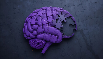 Conceptual purple brain puzzle with missing pieces representing problem-solving, creativity, intelligence, and mental health, a symbol of innovation  Alzheimer’s awareness