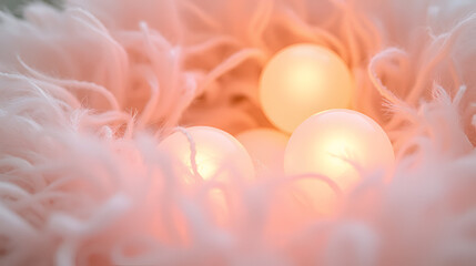 Soft, peach-hued, luminescent orbs, nestled within a bed of downy, white fibers, glow with a gentle, comforting warmth.