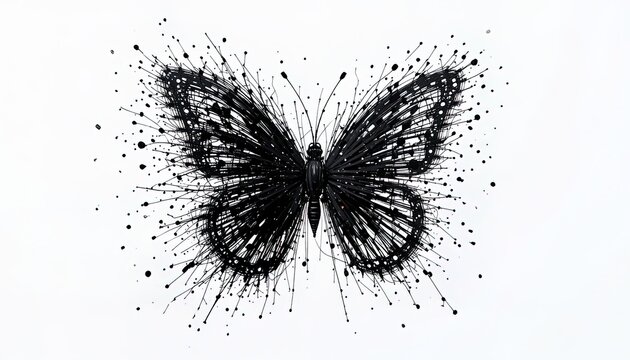 A striking black and white butterfly design, composed of intricate lines and splatters, evokes a sense of dynamism and movement against a simple white background.