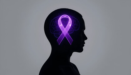 Illuminated purple awareness ribbon within a person's head symbolizing brain health, mental well-being, and neurological support  Alzheimer’s awareness