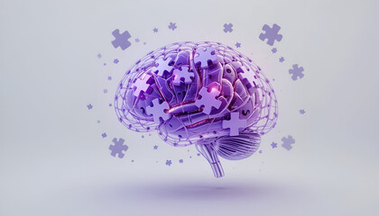 Conceptual 3D brain with puzzle pieces representing the power of intelligence, creativity, and problem-solving in a modern, minimalist style  Alzheimer’s awareness