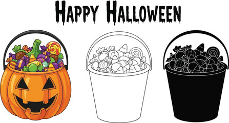 A pumpkin bucket full of Halloween candy, with a "Happy Halloween" text on top, in a colorful, outline and silhouette. 