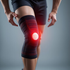 Man putting knee brace to support painful leg. Athlete bodybuilder leg wearing knee support brace or elastic kneecap bandage. Sleeve for compression. Health problems and pain.