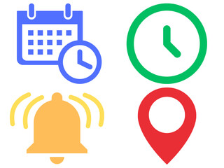 vector set of icons for web site. calendar and Location, time, notification bell icons set. Flat simple illustrations of pin, date, clock and bell - 1