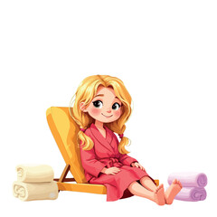 Vsai little girl relaxing on deck chair wearing bathrobe after spa treatment