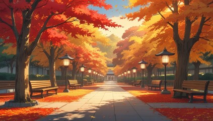 Illustration background of a Japanese forest garden in spring