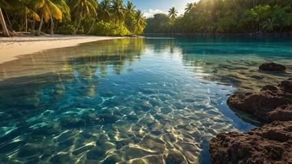 Obraz premium Serene tropical beach with clear water, lush palm trees, and rocky shoreline under bright sunlight