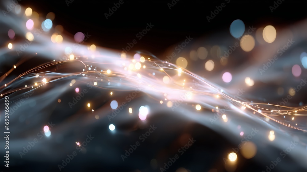Poster colorful lights and gentle waves create a mesmerizing display of motion and energy in a dark space