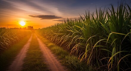 "Scenic Sugarcane Field Sunset with Golden Dirt Road and Lush Green Crops"sunset on the beach, Vibrant sugarcane field at sunset, with rich green stalks lining dirt road leading towards setting sun. 
