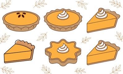Collection of delicious pumpkin pies and slices with whipped cream