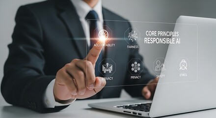 Businessman pointing at digital interface technology glowing icons near laptop computer screen