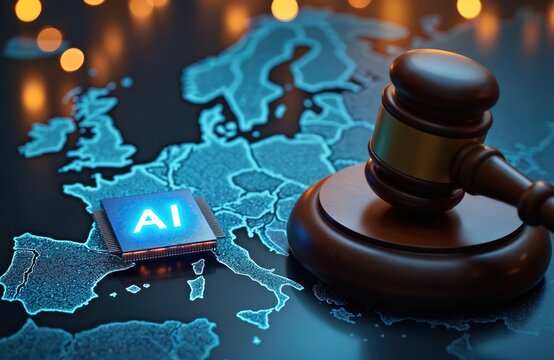 Europe map, AI chip, gavel symbolize EU AI Act regulation. Digital law for artificial intelligence implementation across the continent. Technology, legal, political, information themes.
