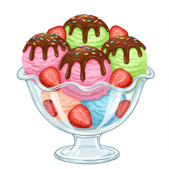 Delicious Ice Cream Sundae with Chocolate Drizzle and Fresh Strawberries Dessert