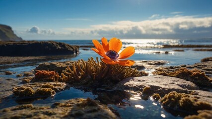 Vibrant orange flower blooming on rocky shore under a bright sky with ocean waves in the background