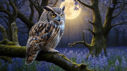 Majestic owl perched on a tree branch under a full moon, surrounded by blooming blue flowers in a serene forest