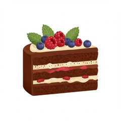 Delicious chocolate cake slice with fresh berries and cream dessert illustration