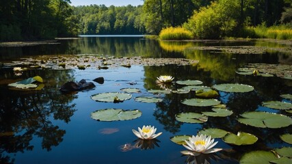 Serene lake surrounded by lush greenery, featuring blooming water lilies and calm reflections