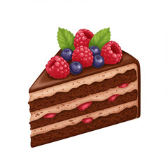 Delicious Chocolate Cake Slice with Fresh Raspberries and Blueberries on White
