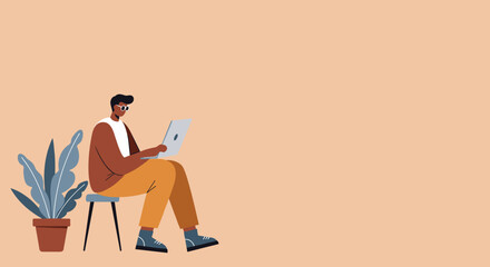 Man in sunglasses focused on laptop, working remotely or learning online. Represents modern productivity, freelance, and casual tech use.