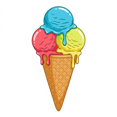 Colorful ice cream cone with three scoops of different flavors summer dessert