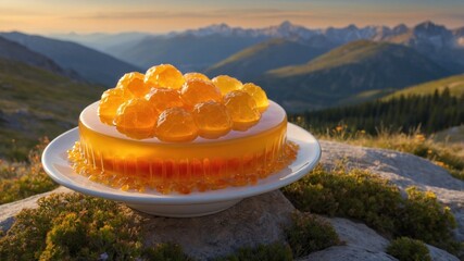 Vibrant gelatin dessert with orange spheres set against a breathtaking mountain landscape at sunset