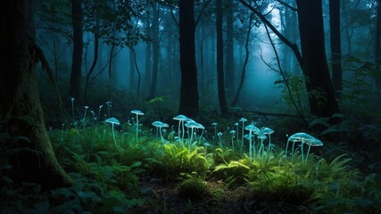 Enchanted forest with glowing mushrooms illuminating the undergrowth in a misty woodland setting