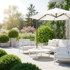 A sunny patio setting features a white outdoor furniture set, surrounded by lush greenery and a large white umbrella, creating a tranquil and inviting space.