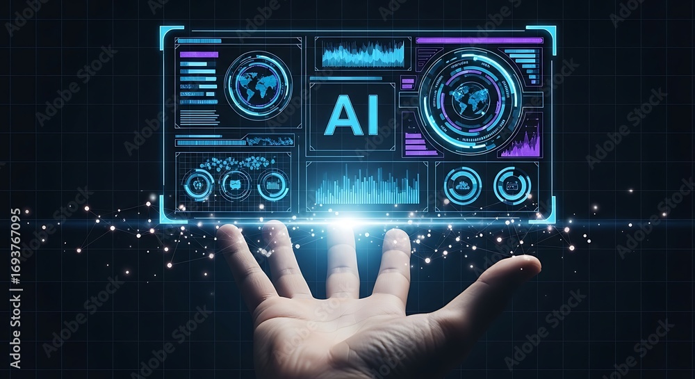 Poster human hand holding glowing ai interface displaying futuristic technology and data visualization