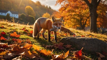 A curious red fox exploring a vibrant autumn landscape filled with colorful fallen leaves