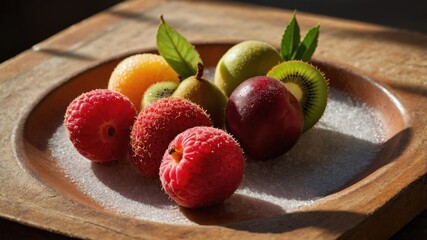 A vibrant assortment of fresh fruits arranged on a wooden plate, highlighting their natural colors and textures