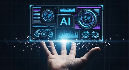 Human hand holding glowing ai interface displaying futuristic technology and data visualization