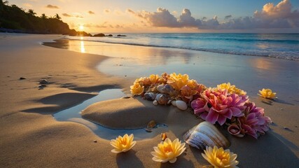 Serene beach at sunset with colorful flowers and shells adorning the sandy shore, tranquil waves