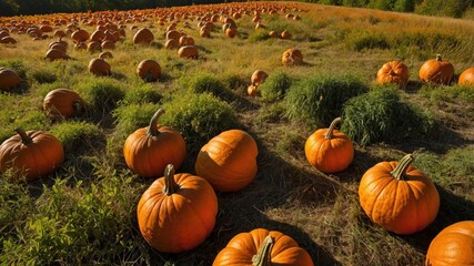 Expansive pumpkin patch during autumn harvest, showcasing vibrant orange pumpkins scattered across grassy fields