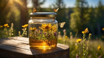 A glass jar filled with vibrant wildflowers and butterflies, set against a sunlit meadow backdrop