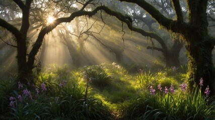 Serene forest scene with sunlight filtering through trees, illuminating wildflowers in lush greenery