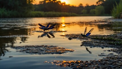 Two vibrant blue dragonflies perched on rocks by a serene river at sunset, with a golden glow