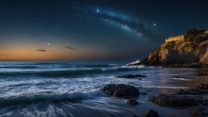 Serene coastal landscape at twilight with waves crashing, a castle on the cliff, and starry sky