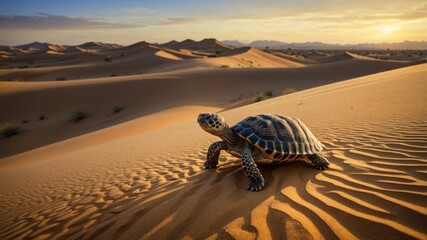 A tortoise traversing golden sands of a vast desert at sunset, with distant dunes under a colorful sky