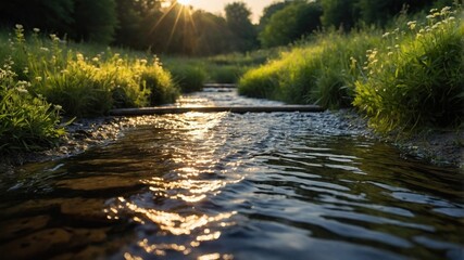 Serene sunlight reflecting on a gentle stream, surrounded by lush greenery and wildflowers