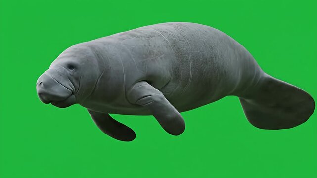 Gray manatee swimming in front of a solid green screen background