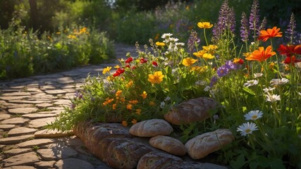 Freshly baked bread placed on a cobblestone path surrounded by vibrant wildflowers in a sunny garden