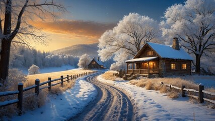 Serene winter landscape featuring cozy log cabins along a snowy path at sunset, evoking tranquility
